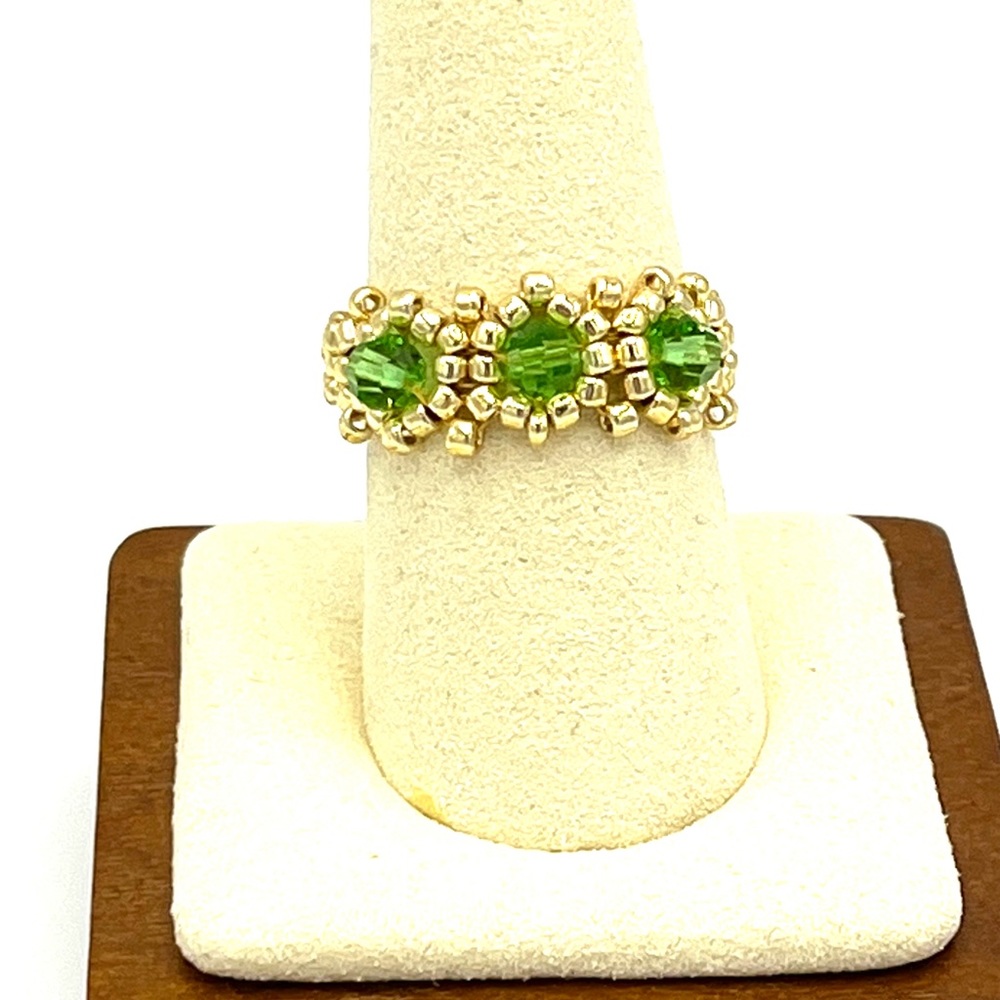 HAND CRAFTED Beaded Green Crystal Ring
